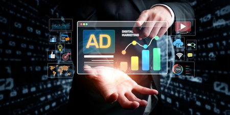 Explore the dynamic landscape of digital marketing in social media, showcasing data visualization and analytics to enhance advertisement strategies for effective engagement.の写真素材