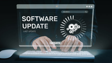 Knowledge upgrade and software update, digital skills improvement, competitive advantage, continuous learning, and staying up to date with latest technology and software trends. Elideの写真素材