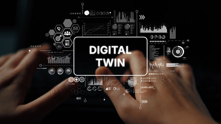 Hands Typing on Keyboard with Digital Twin Graphics Overlaid for Technology Concept. Asymptotic smart data analytic.の写真素材