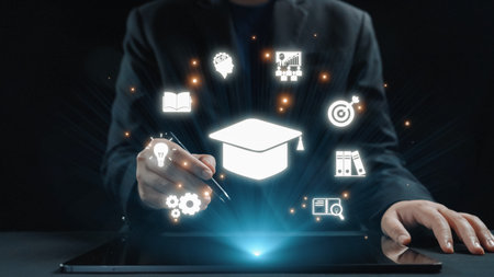 A professional man engages with a tablet device, surrounded by creative education icons symbolizing...