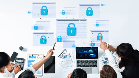 Concept of cybersecurity and a secure network. Multiple layers of data encryption and firewall...