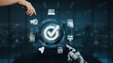 A human hand and a robotic hand reach toward each other, surrounded by technology icons that...