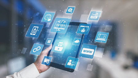 Software development with coding overlays, programming languages, developer tools, mobile app...