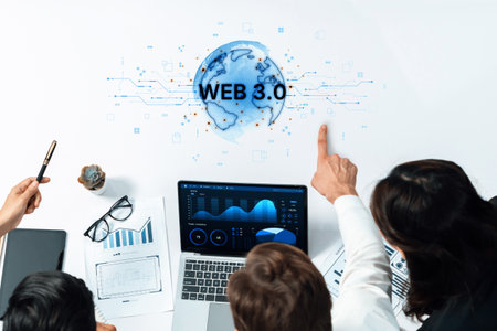 Concept of Web 3.0, the next generation of the internet. This technology represents a decentralized global network built on blockchain, enabling new digital experiences.の写真素材