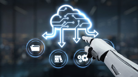 A robotic hand interacts with digital cloud icons symbolizing modern technology and data processes....