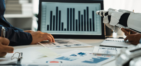 A modern office scene featuring a robotic arm interacting with data reports and graphs, highlighting...