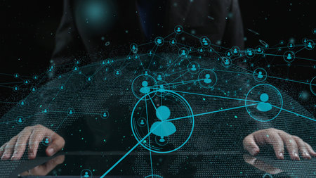 A modern concept showcasing business networking and communication through digital technologies,...