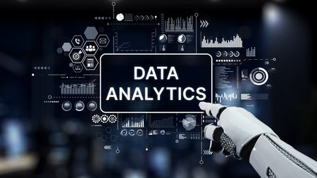 A robotic arm engages with a digital display showcasing data analytics through charts and graphs, symbolizing advanced technology in a corporate workspace.の写真素材