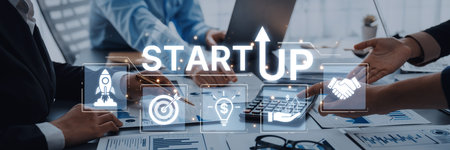 Concept of a new startup business venture. The process includes innovation, setting targets,...