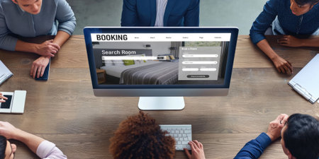 Online hotel accommodation booking website provide brisk reservation system . Travel technology concept .の素材
