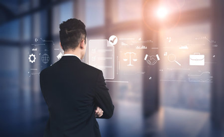 The process of ensuring regulatory compliance and finalizing business legal agreements. A concept of meeting standards, due diligence, and contracts. Motifの写真素材