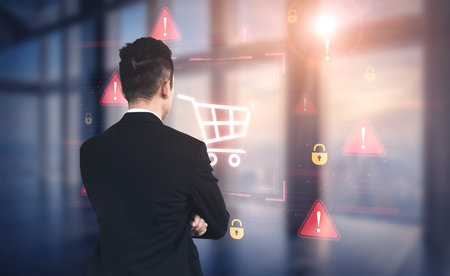 A security alert concept for e-commerce. This warning signifies a risk in an online shopping transaction, potential payment fraud, or a cybersecurity threat to the user.の写真素材