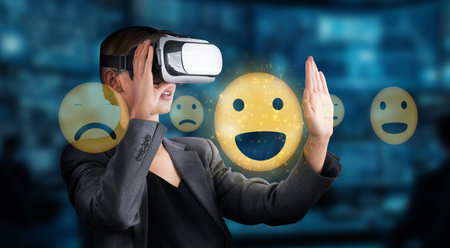 A person using virtual reality technology to provide feedback, surrounded by emoticons that...