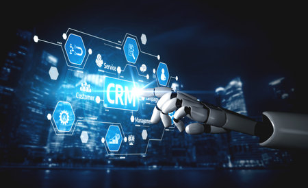 A robotic hand reaches out to engage with a digital CRM interface, symbolizing advanced automation and customer management in a modern urban setting. Tesselの写真素材