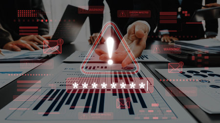 In a modern business meeting, a team discusses data security risks, highlighted by warning alerts,...