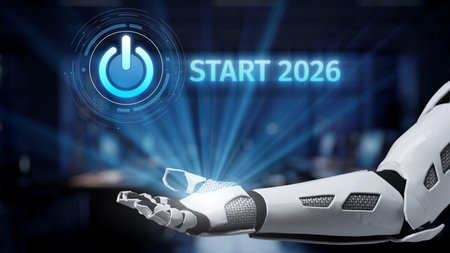 This image features a futuristic robotic arm presenting a glowing power symbol and the year 2026,...
