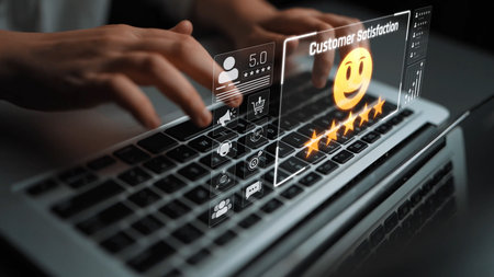 Customer feedback and satisfaction rating system showing star review, happy face, performance score,...