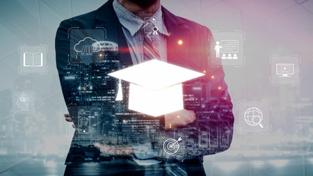 Online learning system combining digital education, e-learning, and virtual classroom to enhance learning, assessment, and global knowledge sharing.の写真素材