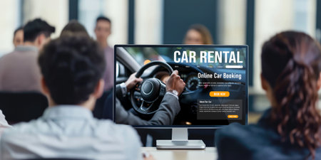 car rental website on computer screen for tourist to rent a car for transportation briskの素材