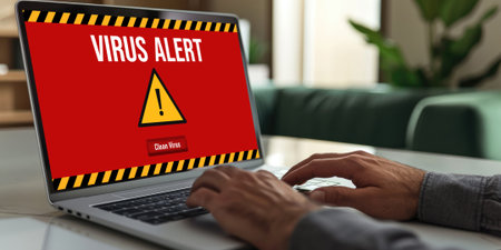 Virus warning alert on computer screen detected brisk cyber threat , hacker, computer virus and malwareの素材