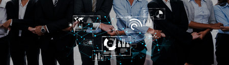 A diverse group of professionals collaborate in a modern setting, showcasing data visualizations and...