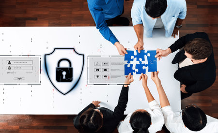 A team of professionals collaborates on digital security solutions, interacting with puzzle pieces...