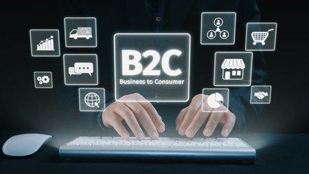 B2C strategy focuses on delivering products directly to consumers. Successful B2C models enhance consumer engagement, streamline logistics, and boost consumer satisfaction through digital retail.の写真素材