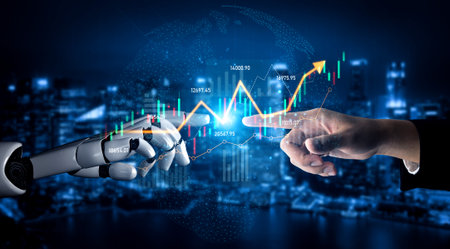 Explore the dynamic interaction between human and robot hands symbolizing collaboration in finance, analytics, and decision making through innovative technology.の写真素材