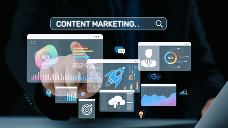 Content marketing interface with data dashboards, analytics charts, and content tools. Marketing success comes from content performance, content planning, and marketing optimization.の写真素材