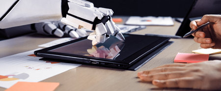 A futuristic robot hand interacts with a digital tablet on a sleek modern workspace, surrounded by colorful sticky notes and design documents, highlighting innovation and technology.の写真素材