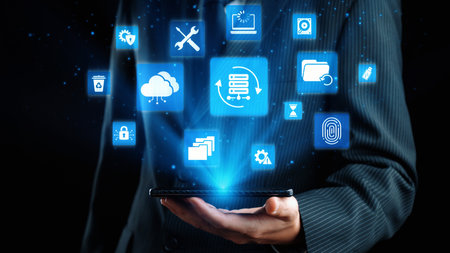 Data recovery icons show backup, data recovery process, and secure restoration. Data recovery...
