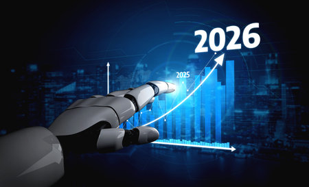 A futuristic robotic hand points towards a digital graph showing growth trends from 2025 to 2026....