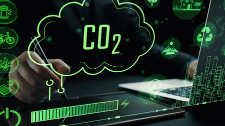 Discover a creative digital representation focused on CO2 emission reduction and green energy solutions, showcasing vibrant graphics to emphasize sustainability and innovation.の写真素材