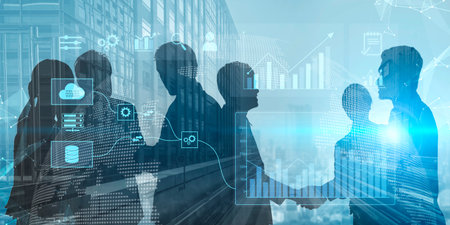 Data flow from database and cloud to processing and analytics dashboards, representing data...