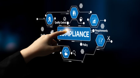 A close-up view of a hand interacting with a digital compliance interface, showcasing various icons related to quality control, policy, and data management in a modern setting. Tesselの写真素材