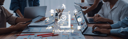 Concept of corporate compliance and risk management. Adhering to legal regulations and internal policies through systematic audits and process verification for business integrity.の写真素材