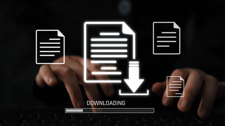 Visual representation of digital document downloading, showing file transfer, data access, and progress status for secure and efficient information retrieval.の写真素材