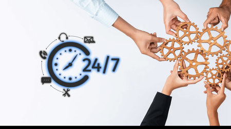 Dynamic illustration of hands working together to turn gears, symbolizing 24-hour service, collaboration, and efficiency in business and communication contexts. Rasterの写真素材