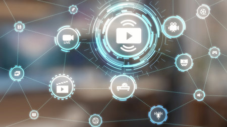 Multimedia technology with video, audio, photo and streaming icons representing digital media,...