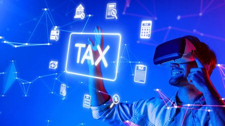 A man enjoying a virtual reality experience focused on tax software, illustrated with interactive graphics and a vibrant technological atmosphere. Rasterの写真素材