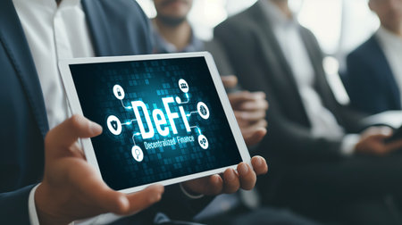 Decentralized finance or DeFi concept on brisk computer screen . The defi system give new choice of investment and money saving .の素材