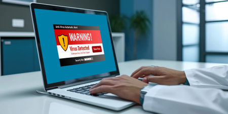 Virus warning alert on computer screen detected brisk cyber threat , hacker, computer virus and malwareの素材