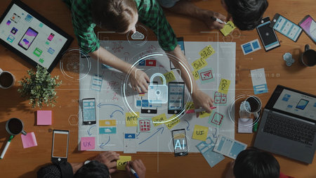 A vibrant workspace showcasing a collaborative brainstorming session on application design,...