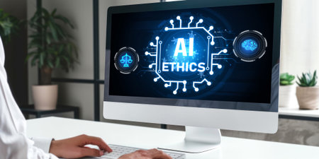 AI ethics responsibility standard law and rules on computer screen provide report of AI ethic transparency preventing technology crime. briskの素材