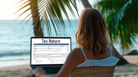 Online tax return form for submitting individual income tax return form brisk on the internet website. Government web for tax payment and return. Taxation technology concept.の素材