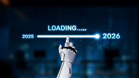 A sleek robotic hand interacts with a digital loading bar, visualizing the transition from 2025 to 2026, representing the future of technology and innovation.の写真素材