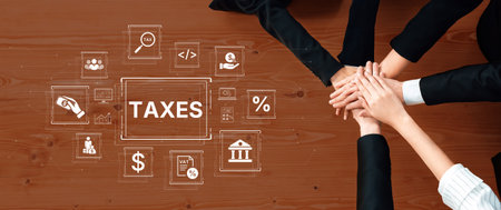 Concept of tax preparation and financial compliance. Filing official tax documents and forms for...
