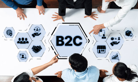 Diverse professionals gather around a modern table to strategize on B2C concepts, showcasing teamwork, analysis, and planning in a contemporary office setting.の写真素材