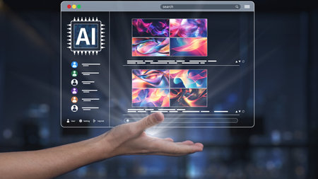 A hand reaches towards a transparent user interface showcasing an array of vibrant abstract images,...