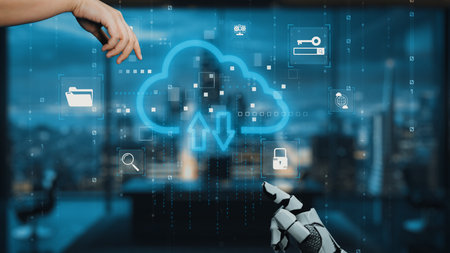 A captivating image showcasing a robotic hand interacting with a virtual cloud interface,...